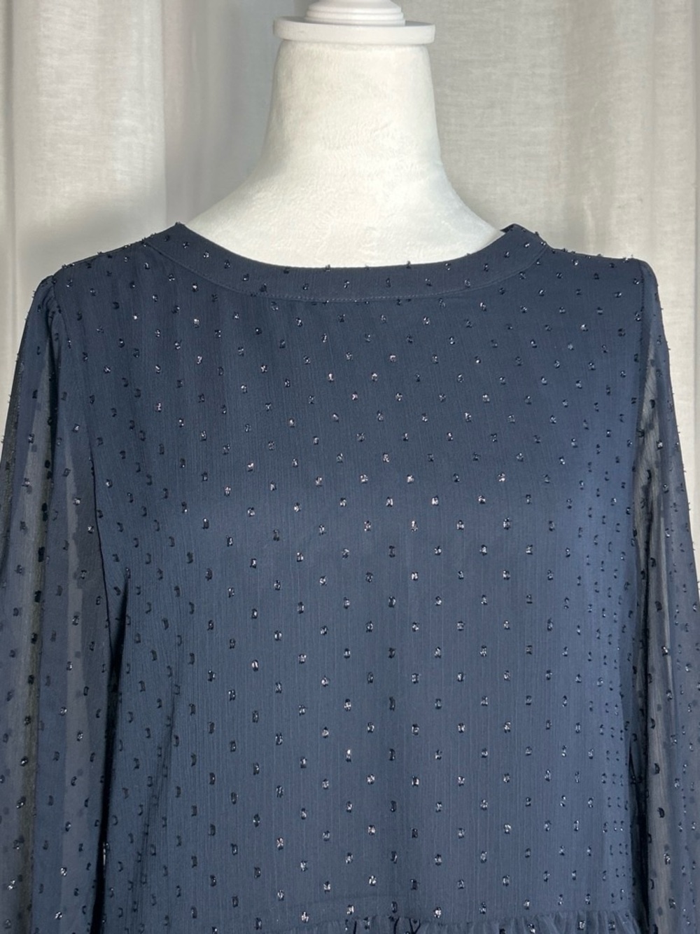 LOFT | Navy | Sequined Blouse | Sheer overlay | See through arms - Picture 6 of 6